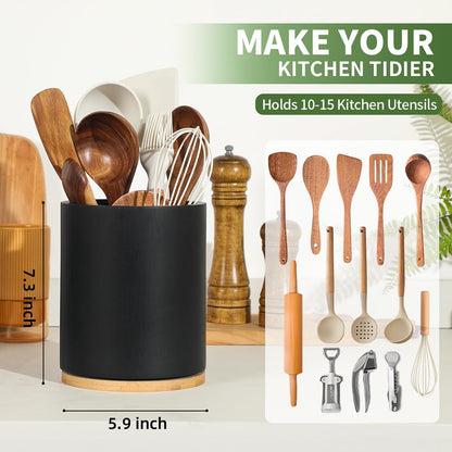 Acacia Wood Utensil Holder, 360° Rotating 7.3 in Kitchen Organizer | Rustic farmhouse countertop decor. Rotating base for easy access to spatulas, spoons, and cooking utensils. 7.3-inch capacity