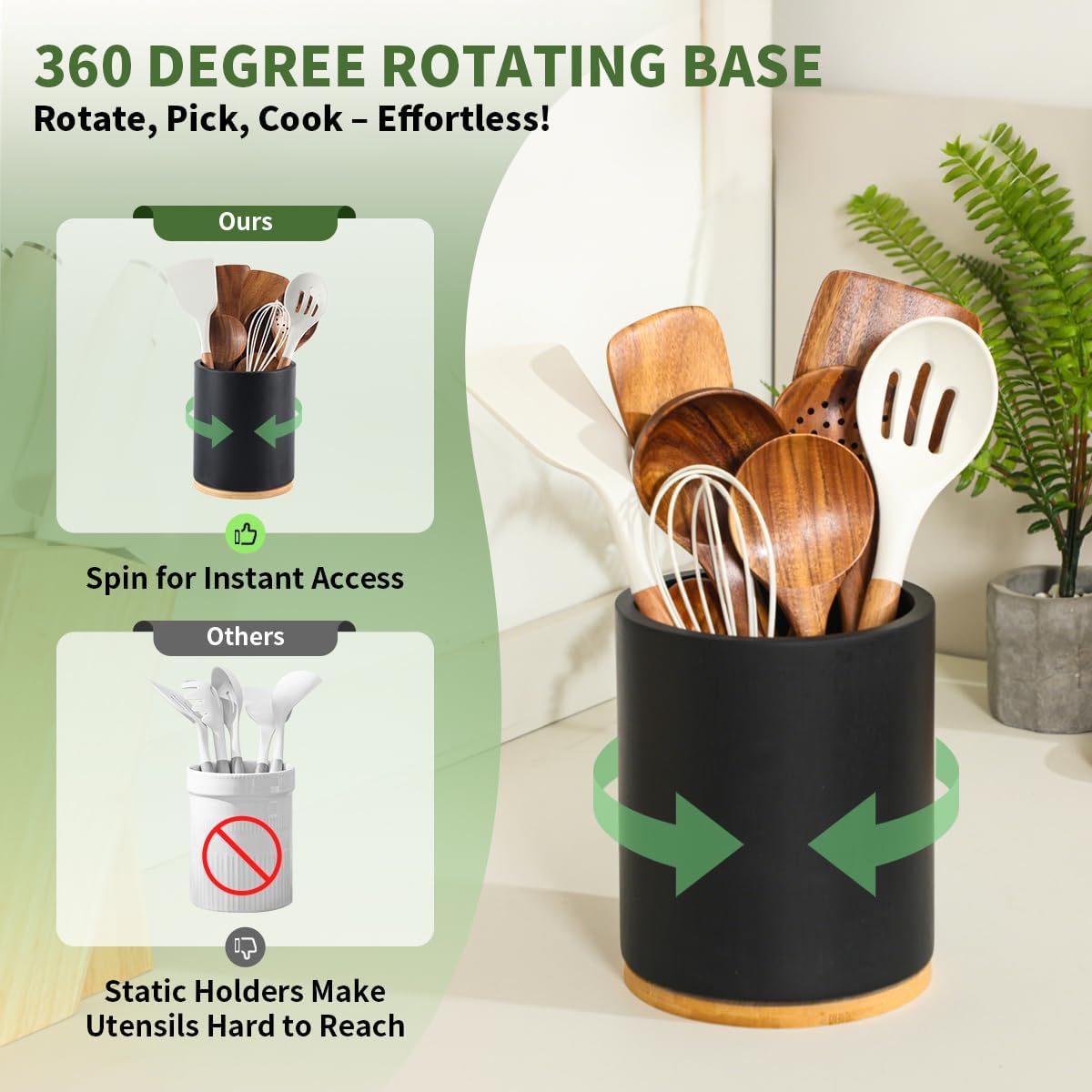 Acacia Wood Utensil Holder, 360° Rotating 7.3 in Kitchen Organizer | Rustic farmhouse countertop decor. Rotating base for easy access to spatulas, spoons, and cooking utensils. 7.3-inch capacity