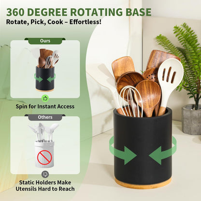 Acacia Wood Utensil Holder, 360° Rotating 7.3 in Kitchen Organizer | Rustic farmhouse countertop decor. Rotating base for easy access to spatulas, spoons, and cooking utensils. 7.3-inch capacity