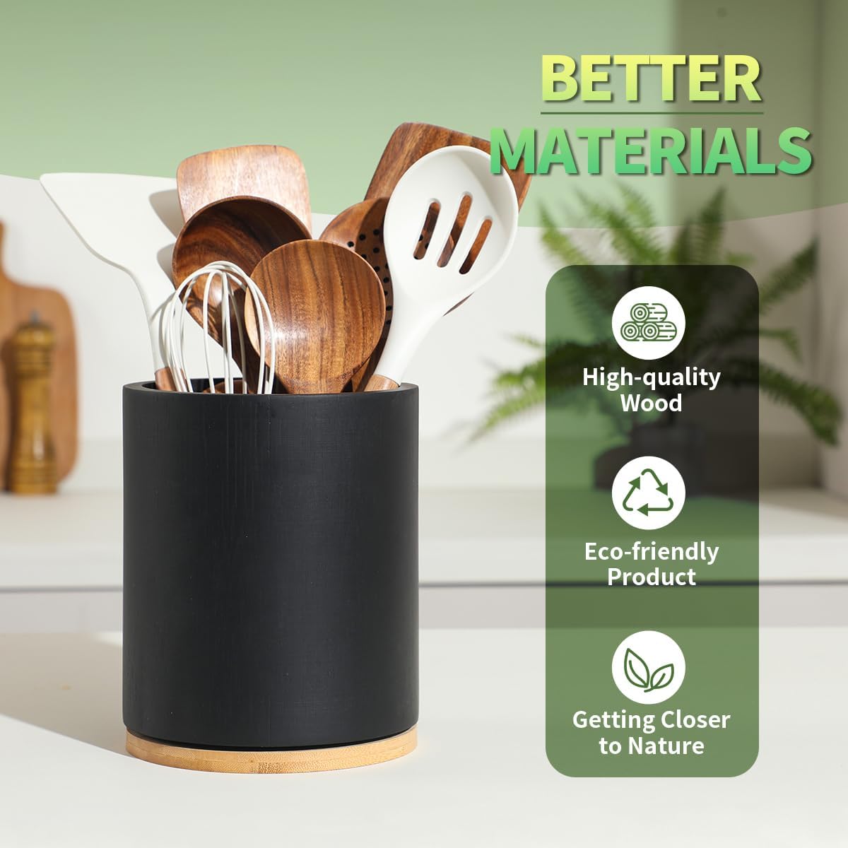 Acacia Wood Utensil Holder, 360° Rotating 7.3 in Kitchen Organizer | Rustic farmhouse countertop decor. Rotating base for easy access to spatulas, spoons, and cooking utensils. 7.3-inch capacity