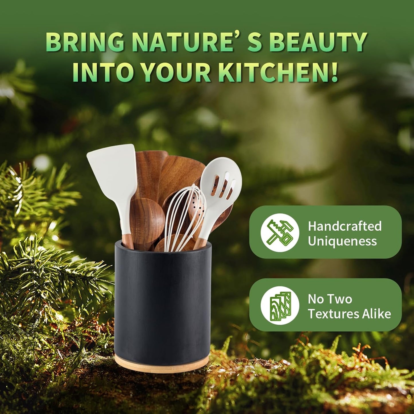 Acacia Wood Utensil Holder, 360° Rotating 7.3 in Kitchen Organizer | Rustic farmhouse countertop decor. Rotating base for easy access to spatulas, spoons, and cooking utensils. 7.3-inch capacity