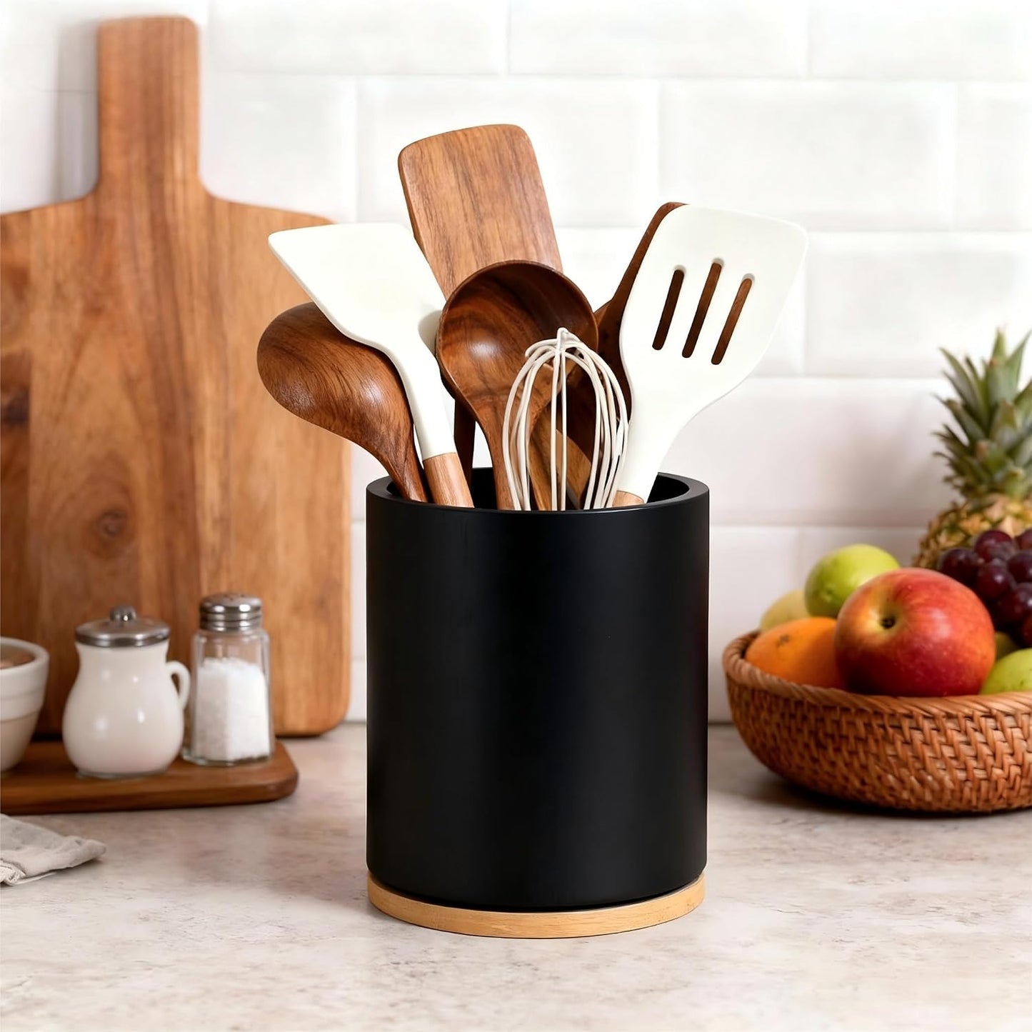 Acacia Wood Utensil Holder, 360° Rotating 7.3 in Kitchen Organizer | Rustic farmhouse countertop decor. Rotating base for easy access to spatulas, spoons, and cooking utensils. 7.3-inch capacity