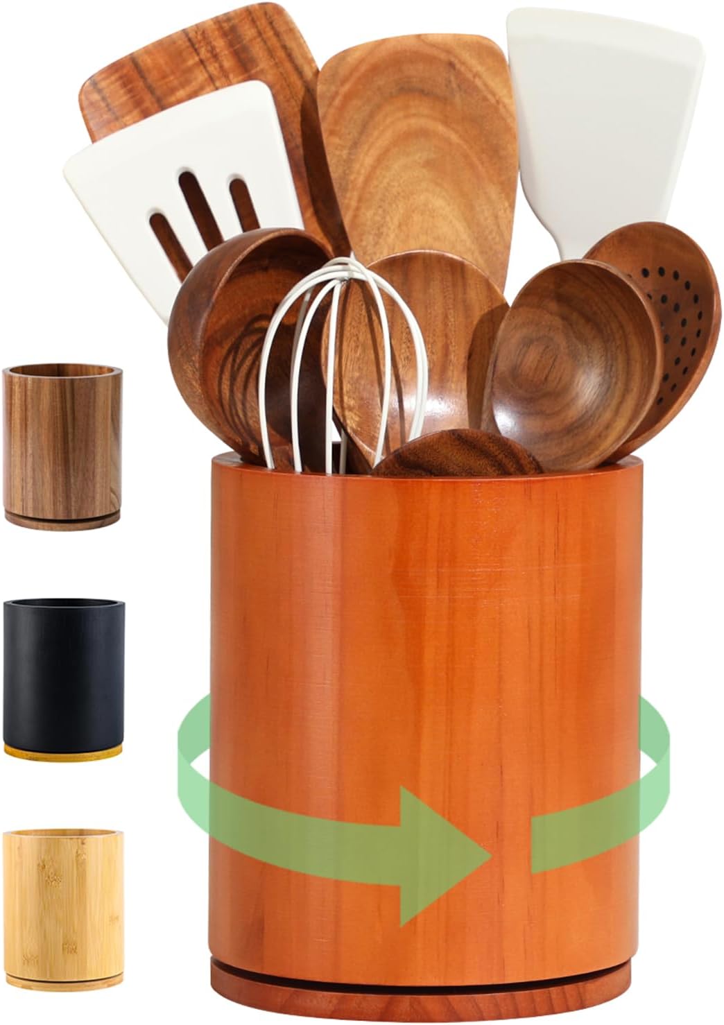 Acacia Wood Utensil Holder, 360° Rotating 7.3 in Kitchen Organizer | Rustic farmhouse countertop decor. Rotating base for easy access to spatulas, spoons, and cooking utensils. 7.3-inch capacity