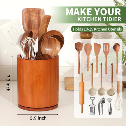 Acacia Wood Utensil Holder, 360° Rotating 7.3 in Kitchen Organizer | Rustic farmhouse countertop decor. Rotating base for easy access to spatulas, spoons, and cooking utensils. 7.3-inch capacity