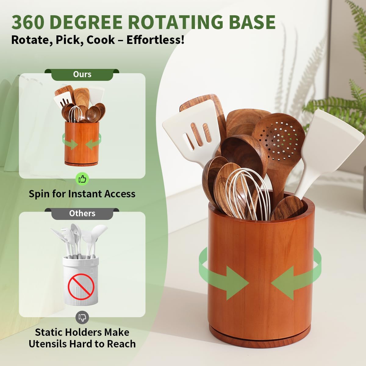 Acacia Wood Utensil Holder, 360° Rotating 7.3 in Kitchen Organizer | Rustic farmhouse countertop decor. Rotating base for easy access to spatulas, spoons, and cooking utensils. 7.3-inch capacity