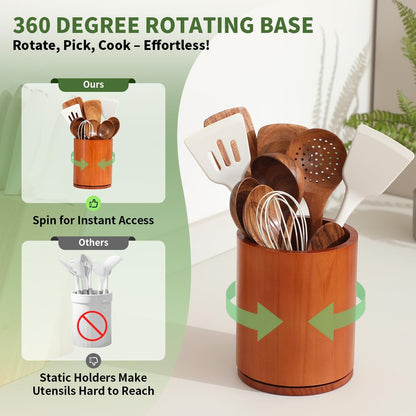 Acacia Wood Utensil Holder, 360° Rotating 7.3 in Kitchen Organizer | Rustic farmhouse countertop decor. Rotating base for easy access to spatulas, spoons, and cooking utensils. 7.3-inch capacity