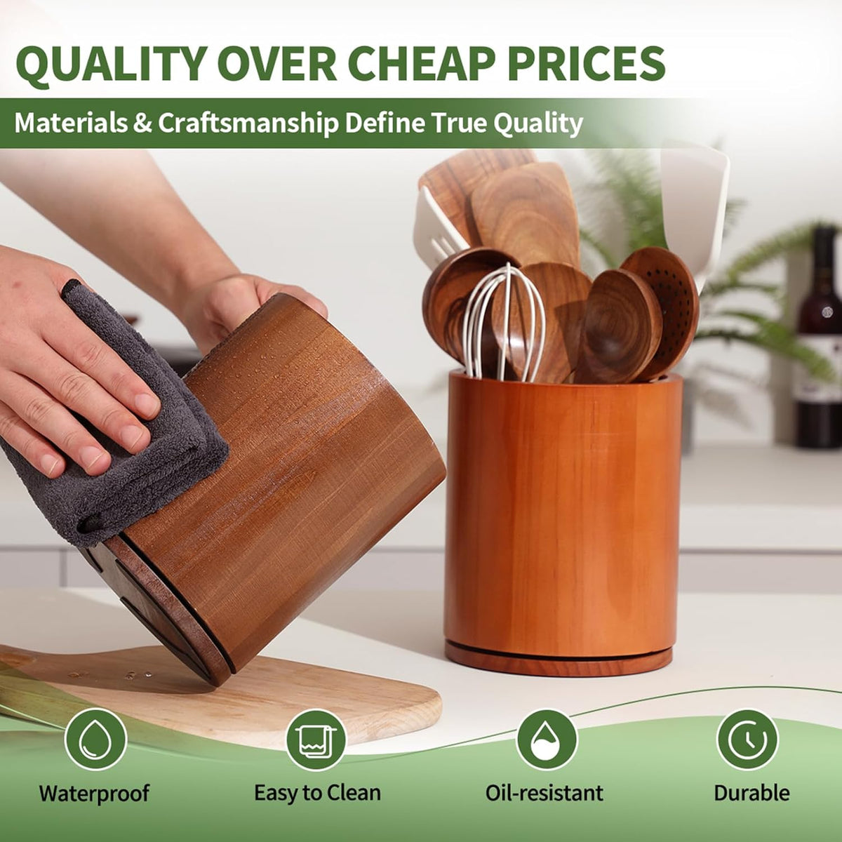 Acacia Wood Utensil Holder, 360° Rotating 7.3 in Kitchen Organizer | Rustic farmhouse countertop decor. Rotating base for easy access to spatulas, spoons, and cooking utensils. 7.3-inch capacity
