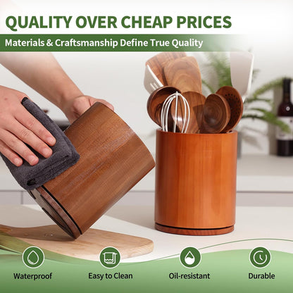 Acacia Wood Utensil Holder, 360° Rotating 7.3 in Kitchen Organizer | Rustic farmhouse countertop decor. Rotating base for easy access to spatulas, spoons, and cooking utensils. 7.3-inch capacity