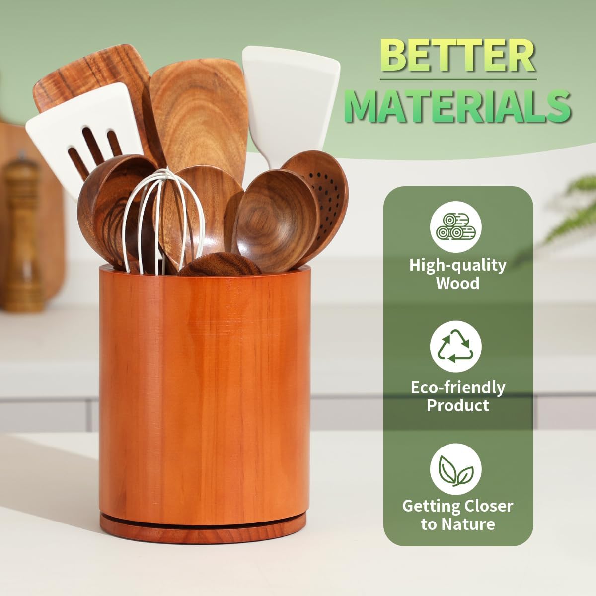 Acacia Wood Utensil Holder, 360° Rotating 7.3 in Kitchen Organizer | Rustic farmhouse countertop decor. Rotating base for easy access to spatulas, spoons, and cooking utensils. 7.3-inch capacity