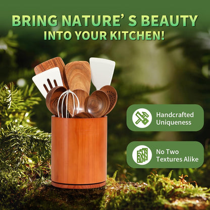 Acacia Wood Utensil Holder, 360° Rotating 7.3 in Kitchen Organizer | Rustic farmhouse countertop decor. Rotating base for easy access to spatulas, spoons, and cooking utensils. 7.3-inch capacity