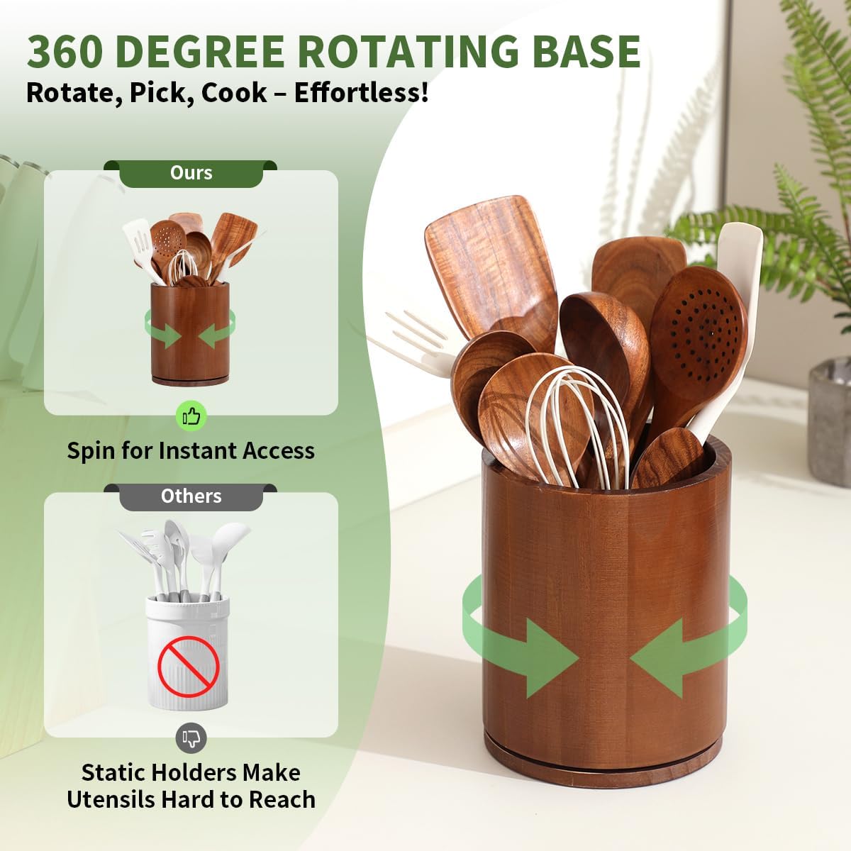 Acacia Wood Utensil Holder, 360° Rotating 7.3 in Kitchen Organizer | Rustic farmhouse countertop decor. Rotating base for easy access to spatulas, spoons, and cooking utensils. 7.3-inch capacity