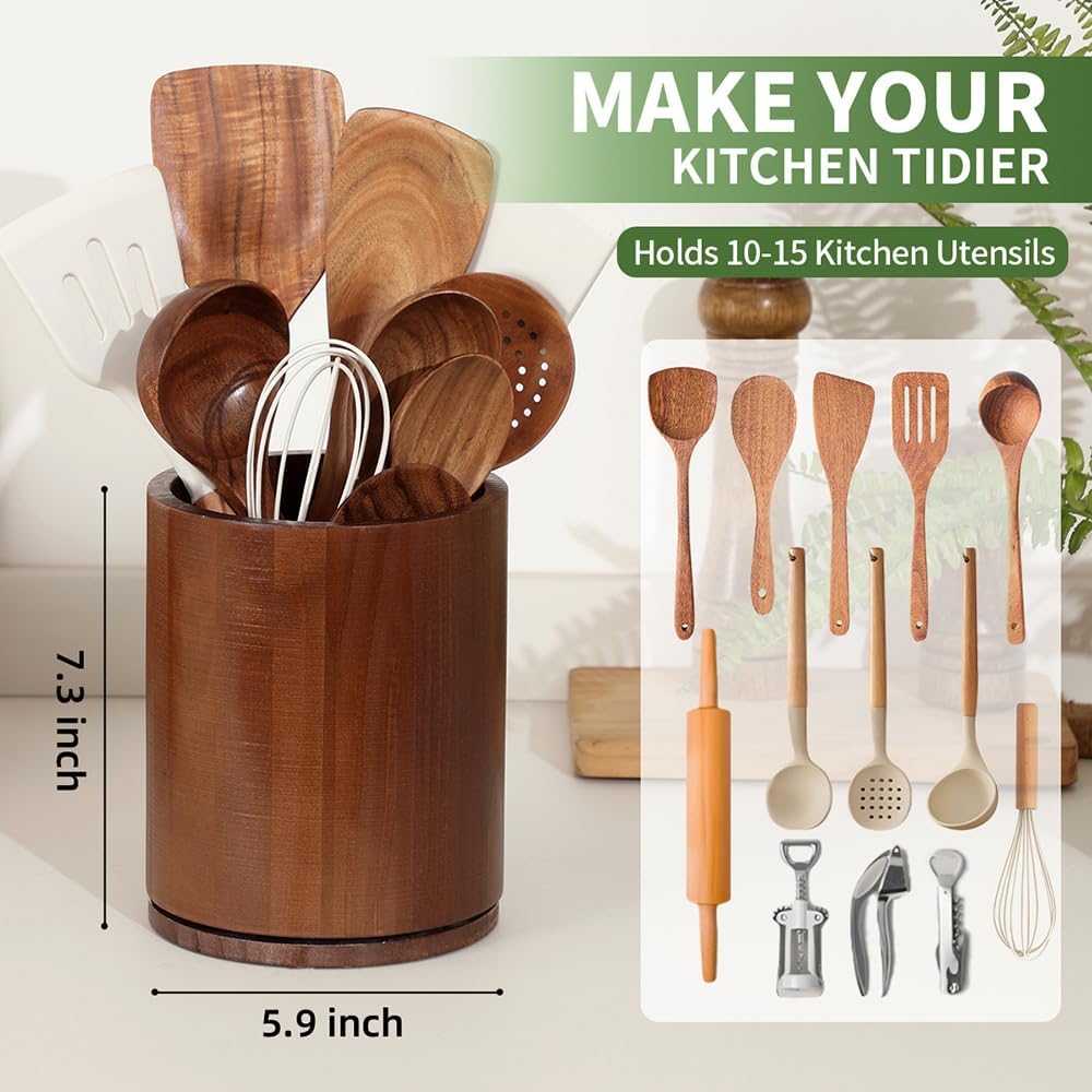Acacia Wood Utensil Holder, 360° Rotating 7.3 in Kitchen Organizer | Rustic farmhouse countertop decor. Rotating base for easy access to spatulas, spoons, and cooking utensils. 7.3-inch capacity