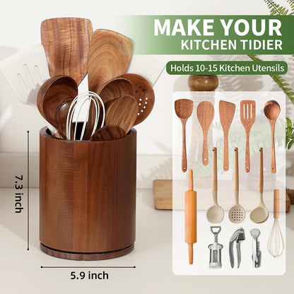 Acacia Wood Utensil Holder, 360° Rotating 7.3 in Kitchen Organizer | Rustic farmhouse countertop decor. Rotating base for easy access to spatulas, spoons, and cooking utensils. 7.3-inch capacity