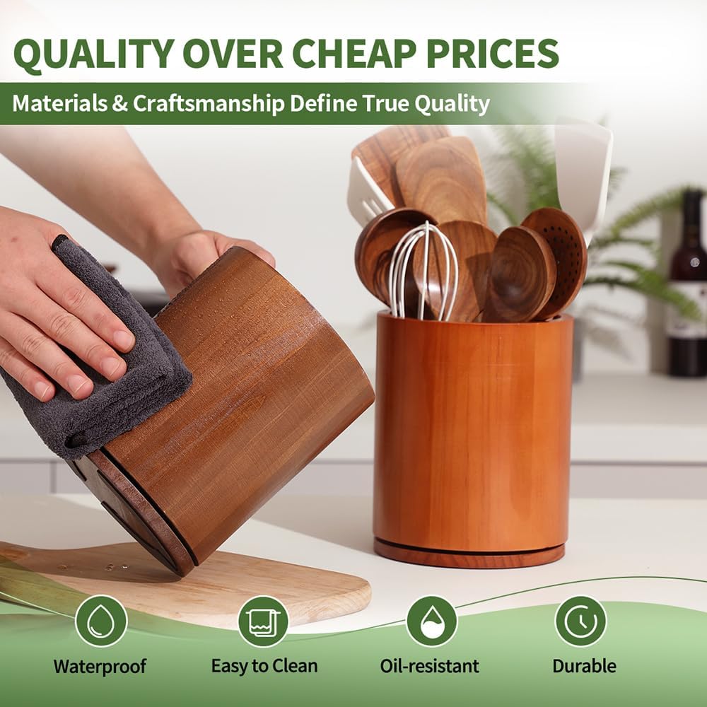 Acacia Wood Utensil Holder, 360° Rotating 7.3 in Kitchen Organizer | Rustic farmhouse countertop decor. Rotating base for easy access to spatulas, spoons, and cooking utensils. 7.3-inch capacity