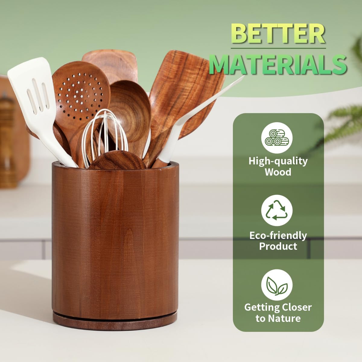 Acacia Wood Utensil Holder, 360° Rotating 7.3 in Kitchen Organizer | Rustic farmhouse countertop decor. Rotating base for easy access to spatulas, spoons, and cooking utensils. 7.3-inch capacity