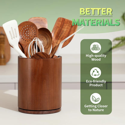 Acacia Wood Utensil Holder, 360° Rotating 7.3 in Kitchen Organizer | Rustic farmhouse countertop decor. Rotating base for easy access to spatulas, spoons, and cooking utensils. 7.3-inch capacity