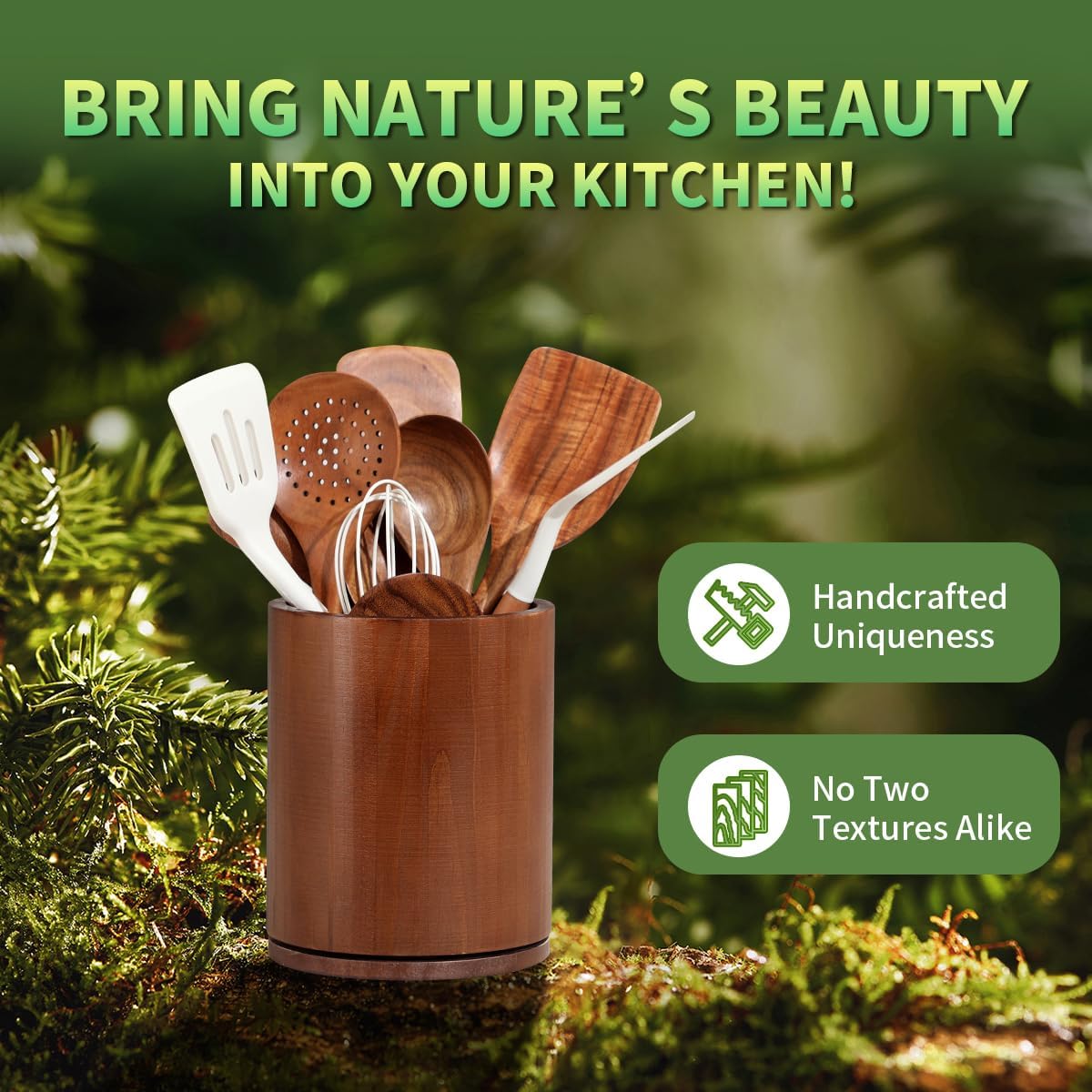 Acacia Wood Utensil Holder, 360° Rotating 7.3 in Kitchen Organizer | Rustic farmhouse countertop decor. Rotating base for easy access to spatulas, spoons, and cooking utensils. 7.3-inch capacity