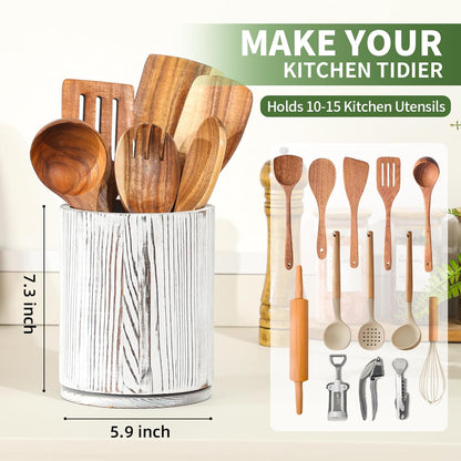 Acacia Wood Utensil Holder, 360° Rotating 7.3 in Kitchen Organizer | Rustic farmhouse countertop decor. Rotating base for easy access to spatulas, spoons, and cooking utensils. 7.3-inch capacity