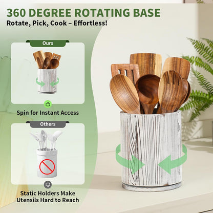 Acacia Wood Utensil Holder, 360° Rotating 7.3 in Kitchen Organizer | Rustic farmhouse countertop decor. Rotating base for easy access to spatulas, spoons, and cooking utensils. 7.3-inch capacity