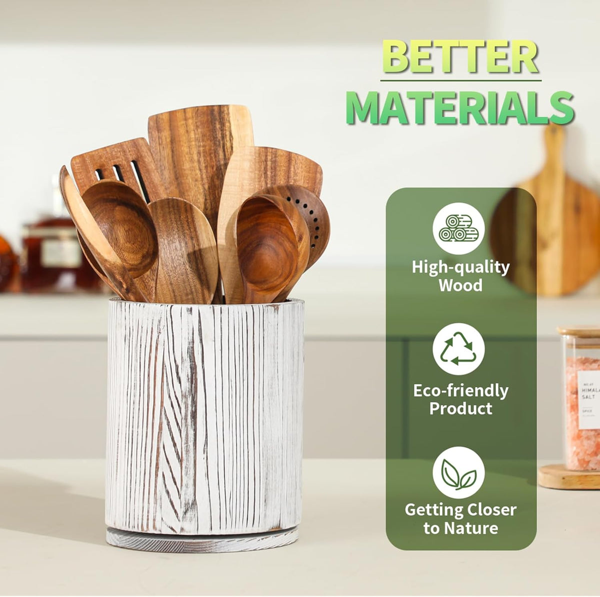Acacia Wood Utensil Holder, 360° Rotating 7.3 in Kitchen Organizer | Rustic farmhouse countertop decor. Rotating base for easy access to spatulas, spoons, and cooking utensils. 7.3-inch capacity