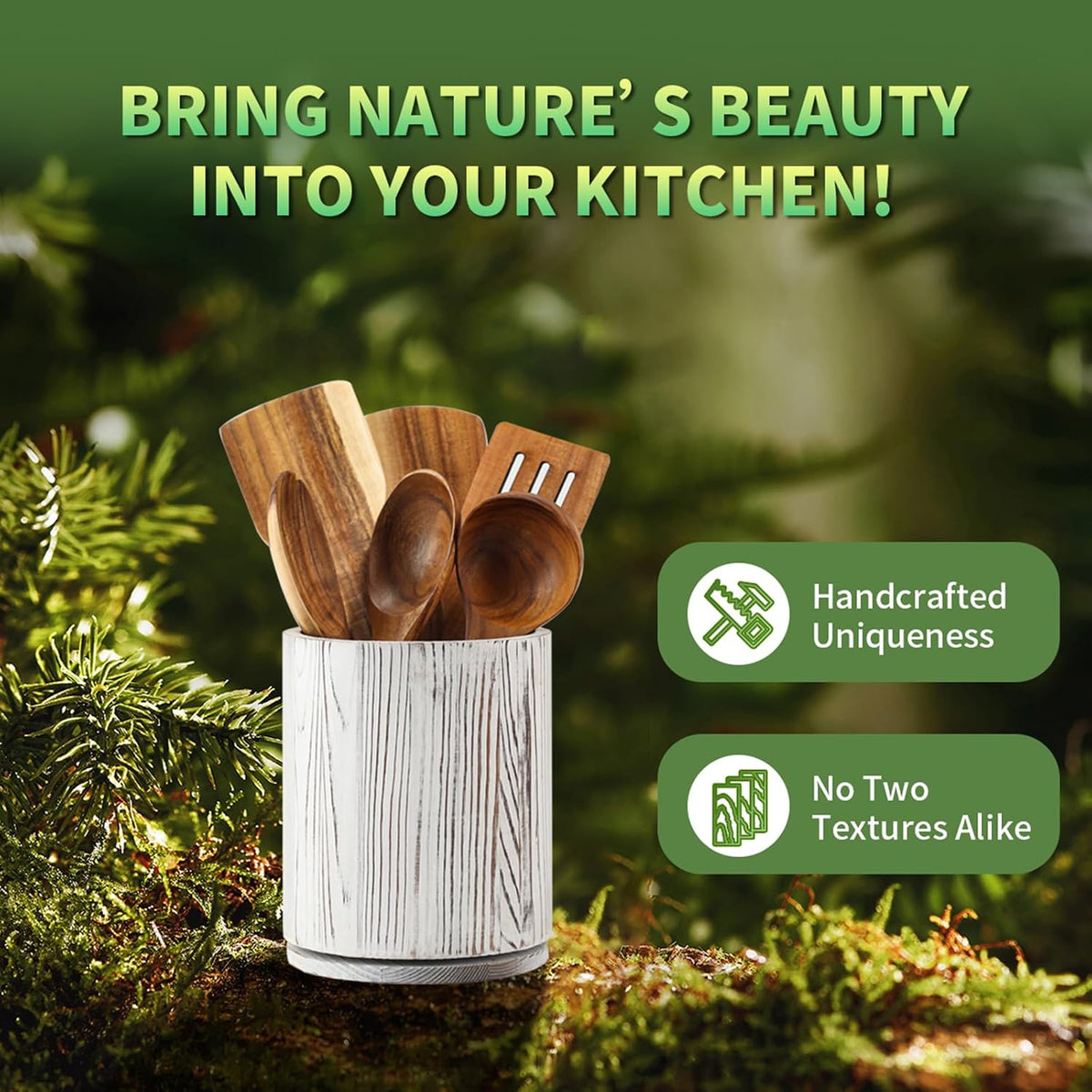 Acacia Wood Utensil Holder, 360° Rotating 7.3 in Kitchen Organizer | Rustic farmhouse countertop decor. Rotating base for easy access to spatulas, spoons, and cooking utensils. 7.3-inch capacity