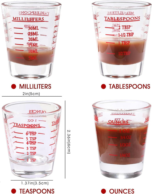 Shot Glass Measuring Cup, 2PCS Measuring Shot Glasses, Thick Base Liquid Measuring Cup for Espresso Shot Glass and Measuring Glasses, Four Different Units of Measure(1 OZ, 2 TBS, 6 TSP, 30 ML)