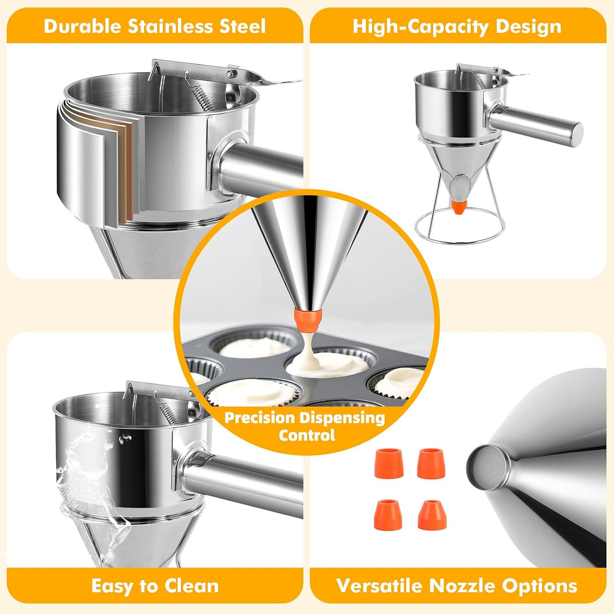 Stainless Steel Pancake Batter Dispenser, Multi-Nozzle, 40 oz