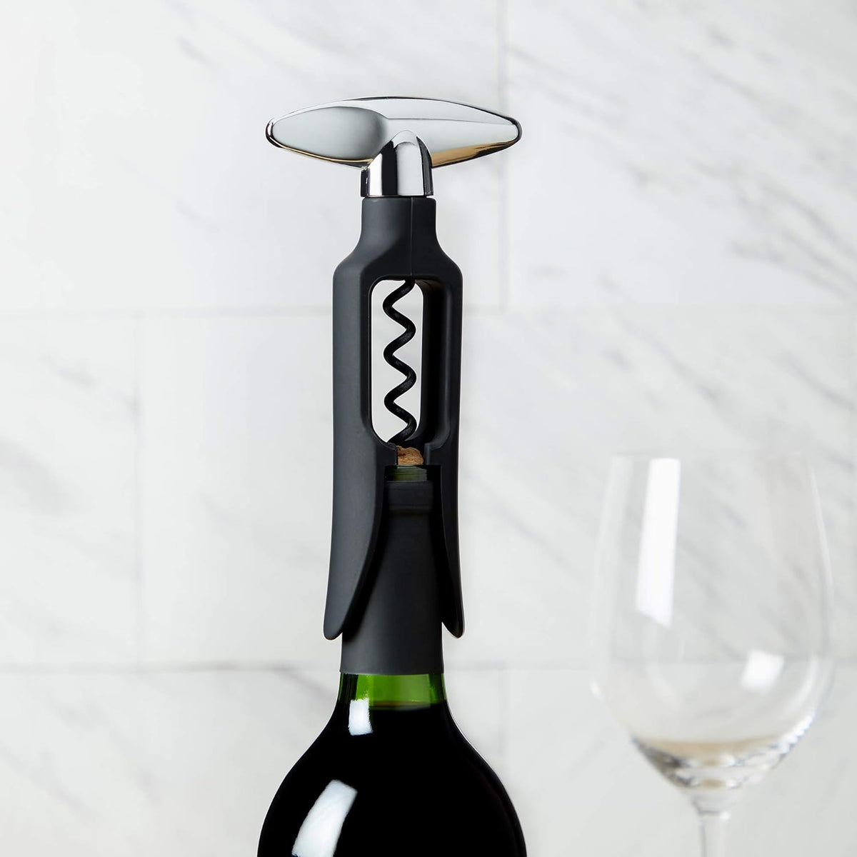 Self Pulling Corkscrew Wine Opener, Durable Plastic with Easy Turn Chrome Handle, Wine Bottle Opener for Bartenders, Home Bar Tools, Bar Cart Accessories, Kitchen Essentials, Set of 1, Black