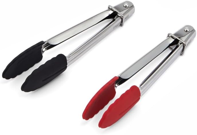 Mini Kitchen Tongs Set of 2, 7 Inch Stainless Steel Cooking Tongs with Silicone Tips, Heat Resistant to 450F, Ring Lock for Compact Storage, Dishwasher Safe, Red and Black
