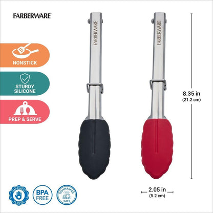 Mini Kitchen Tongs Set of 2, 7 Inch Stainless Steel Cooking Tongs with Silicone Tips, Heat Resistant to 450F, Ring Lock for Compact Storage, Dishwasher Safe, Red and Black
