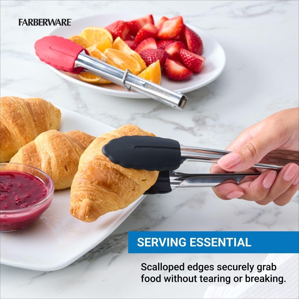 Mini Kitchen Tongs Set of 2, 7 Inch Stainless Steel Cooking Tongs with Silicone Tips, Heat Resistant to 450F, Ring Lock for Compact Storage, Dishwasher Safe, Red and Black