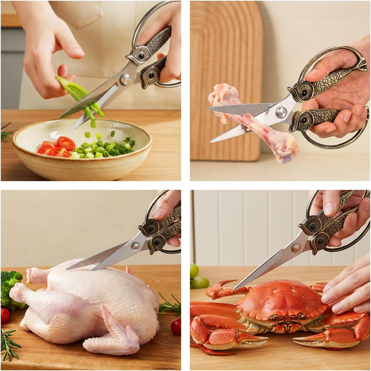 Owl Kitchen Scissors All Purpose, Stainless Steel Heavy Duty Sharp Shears for Meat, Chicken, Fish, Poultry, Herb, Bread (Gun-black, Medium)