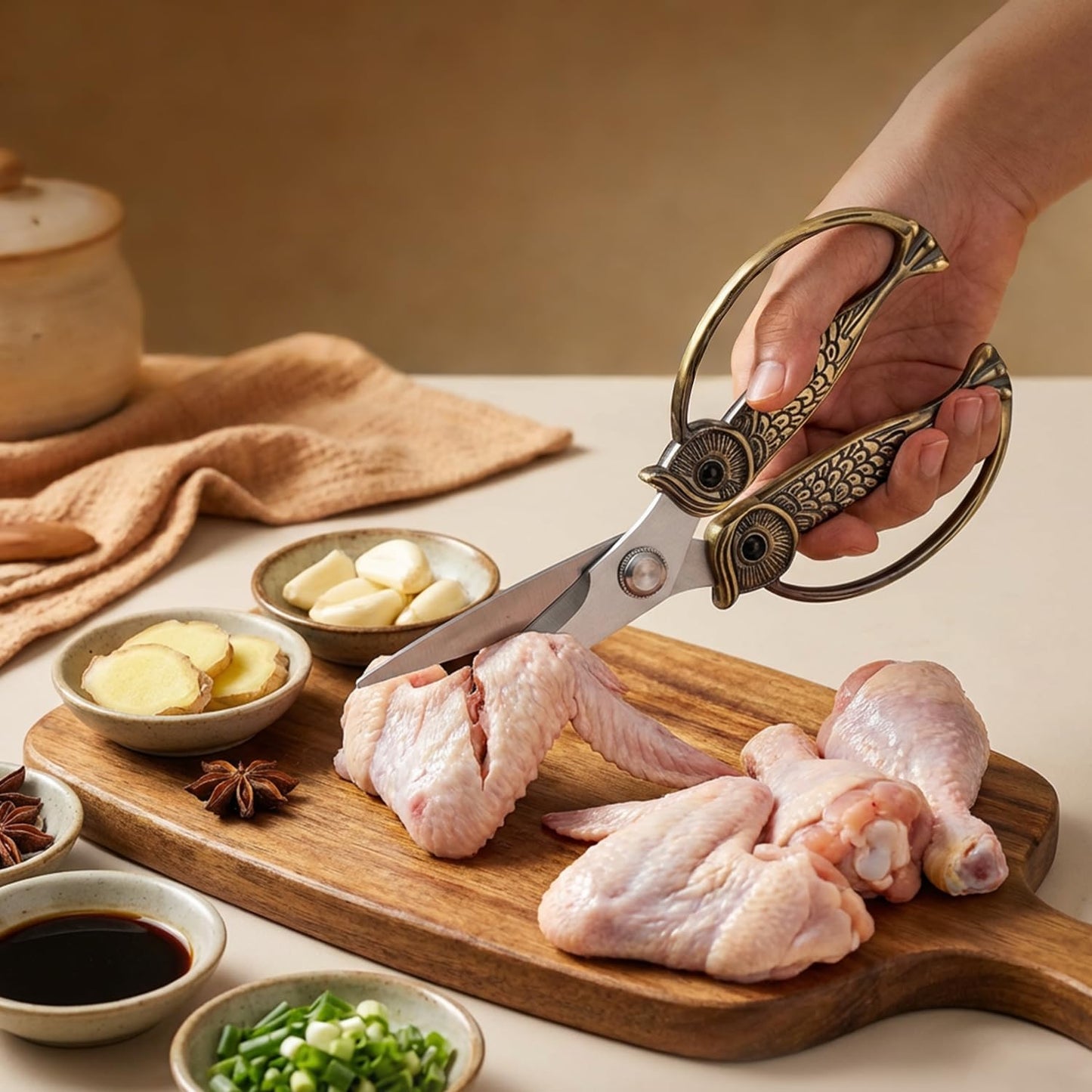 Owl Kitchen Scissors All Purpose, Stainless Steel Heavy Duty Sharp Shears for Meat, Chicken, Fish, Poultry, Herb, Bread (Gun-black, Medium)