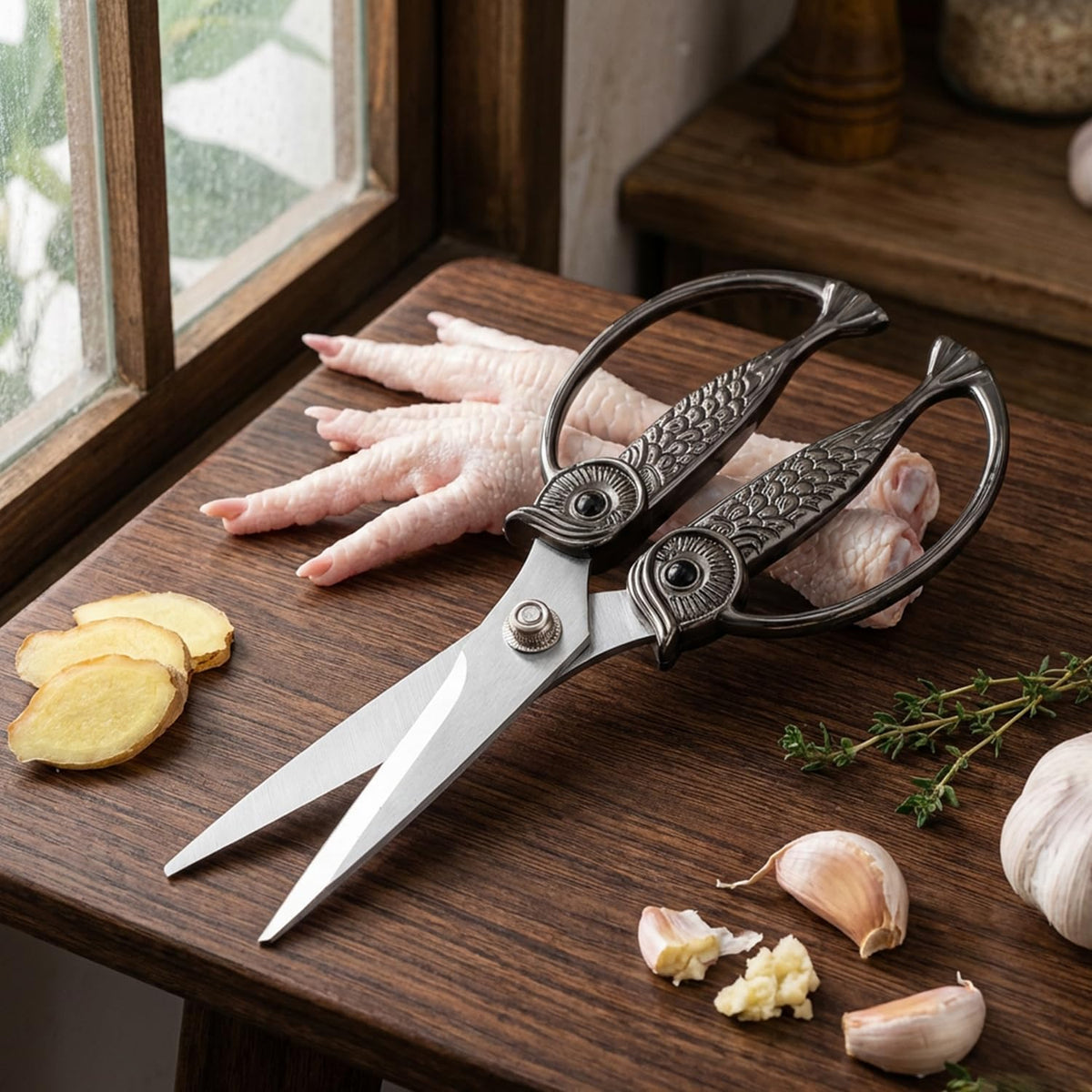 Owl Kitchen Scissors All Purpose, Stainless Steel Heavy Duty Sharp Shears for Meat, Chicken, Fish, Poultry, Herb, Bread (Gun-black, Medium)