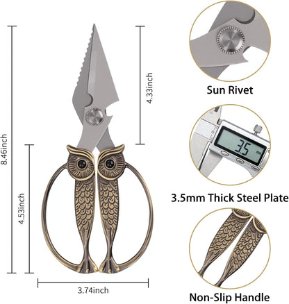 Owl Kitchen Scissors All Purpose, Stainless Steel Heavy Duty Sharp Shears for Meat, Chicken, Fish, Poultry, Herb, Bread (Gun-black, Medium)