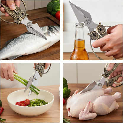 Owl Kitchen Scissors All Purpose, Stainless Steel Heavy Duty Sharp Shears for Meat, Chicken, Fish, Poultry, Herb, Bread (Gun-black, Medium)