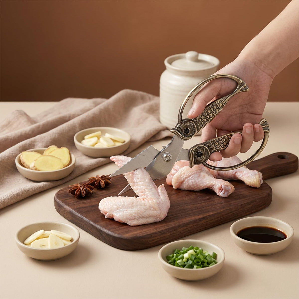 Owl Kitchen Scissors All Purpose, Stainless Steel Heavy Duty Sharp Shears for Meat, Chicken, Fish, Poultry, Herb, Bread (Gun-black, Medium)