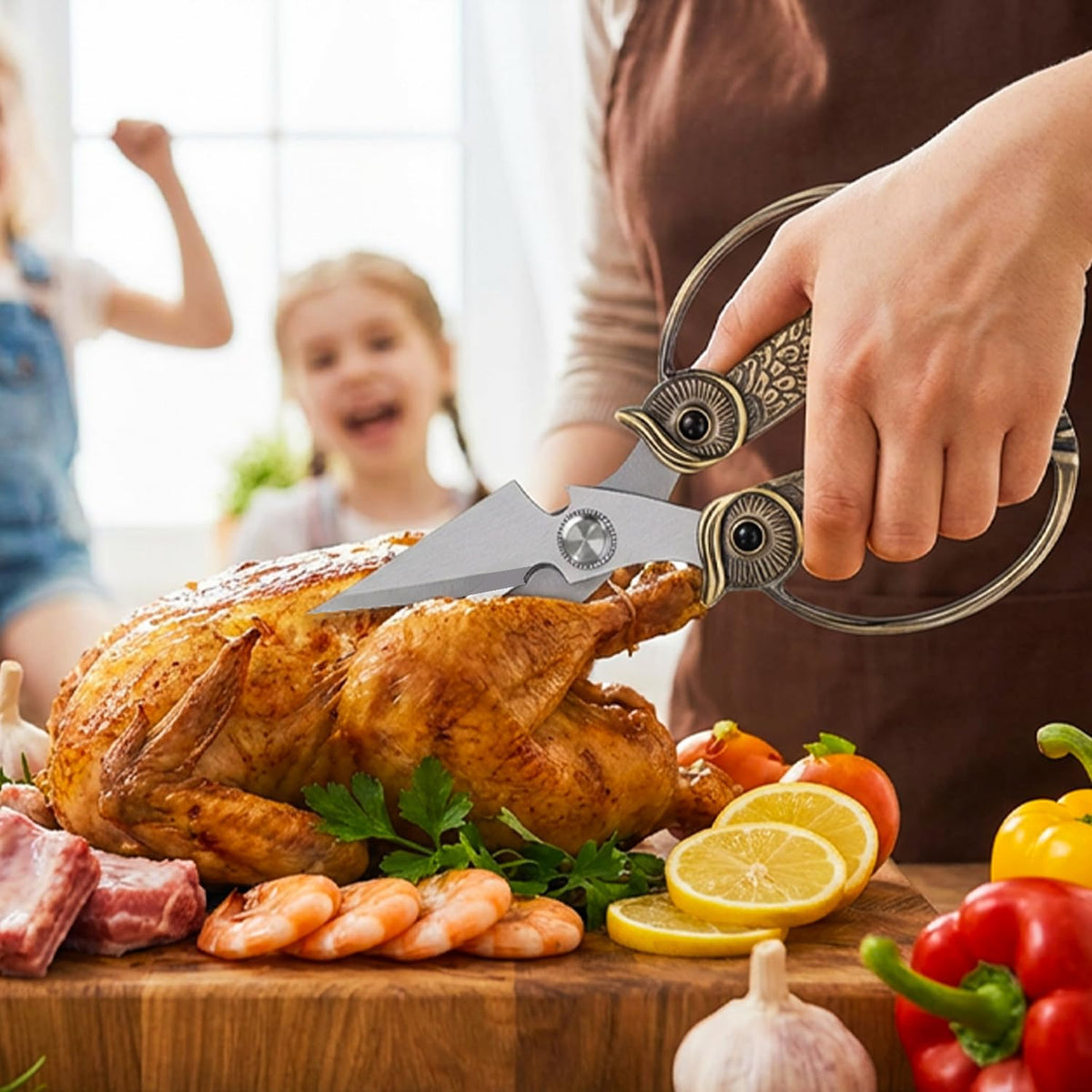Owl Kitchen Scissors All Purpose, Stainless Steel Heavy Duty Sharp Shears for Meat, Chicken, Fish, Poultry, Herb, Bread (Gun-black, Medium)