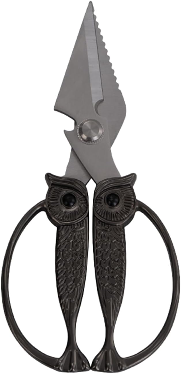 Owl Kitchen Scissors All Purpose, Stainless Steel Heavy Duty Sharp Shears for Meat, Chicken, Fish, Poultry, Herb, Bread (Gun-black, Medium)
