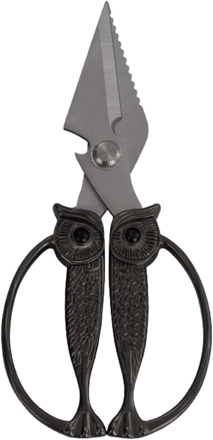 Owl Kitchen Scissors All Purpose, Stainless Steel Heavy Duty Sharp Shears for Meat, Chicken, Fish, Poultry, Herb, Bread (Gun-black, Medium)