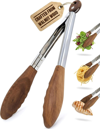 9 Inch Tongs for Cooking with Wooden Tips - Nonstick Kitchen Tongs for Serving Food, Cooking, BBQ and Tossing Salad - Made of Walnut Wood