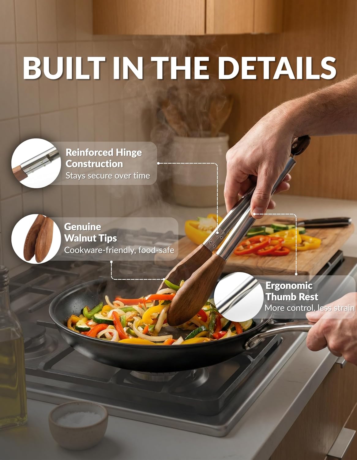 9 Inch Tongs for Cooking with Wooden Tips - Nonstick Kitchen Tongs for Serving Food, Cooking, BBQ and Tossing Salad - Made of Walnut Wood