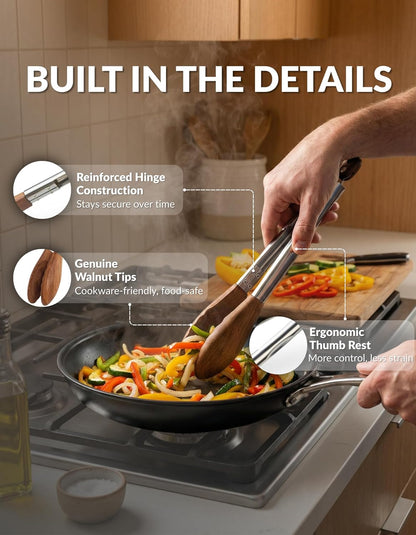 9 Inch Tongs for Cooking with Wooden Tips - Nonstick Kitchen Tongs for Serving Food, Cooking, BBQ and Tossing Salad - Made of Walnut Wood
