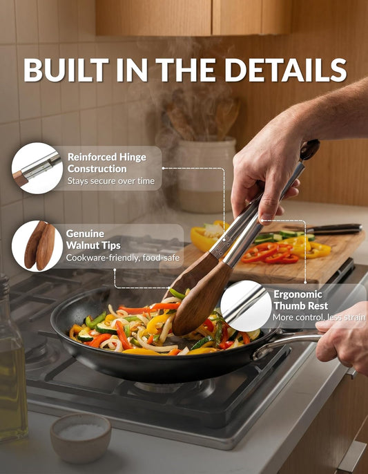 9 Inch Tongs for Cooking with Wooden Tips - Nonstick Kitchen Tongs for Serving Food, Cooking, BBQ and Tossing Salad - Made of Walnut Wood