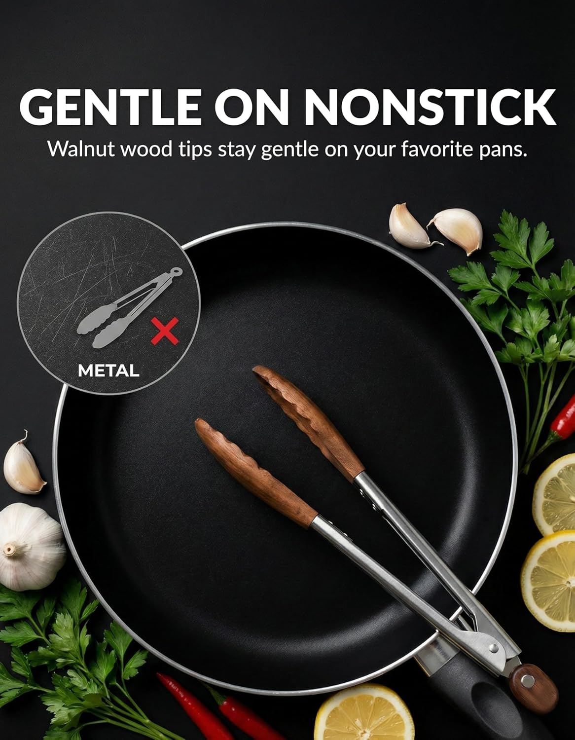 9 Inch Tongs for Cooking with Wooden Tips - Nonstick Kitchen Tongs for Serving Food, Cooking, BBQ and Tossing Salad - Made of Walnut Wood