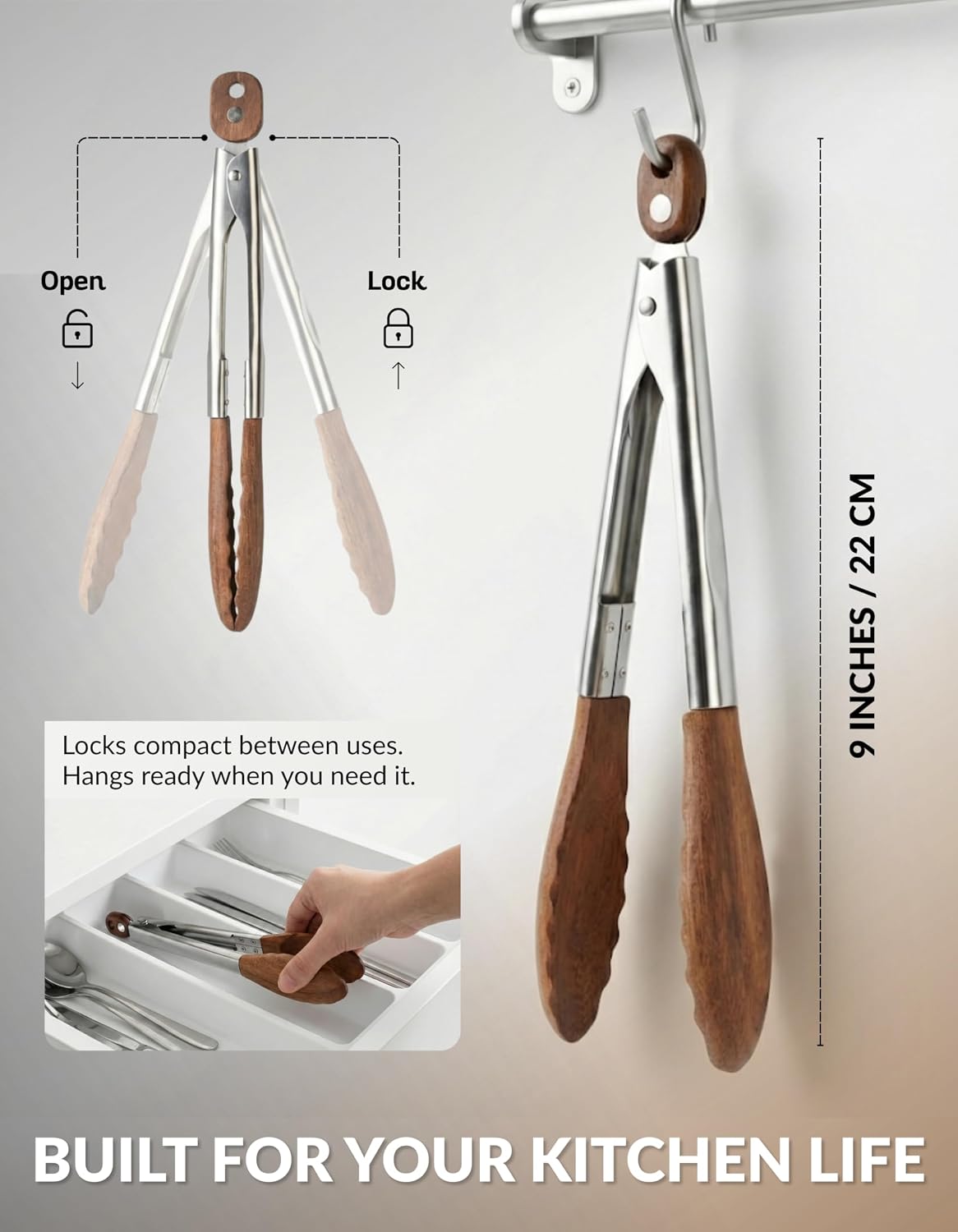 9 Inch Tongs for Cooking with Wooden Tips - Nonstick Kitchen Tongs for Serving Food, Cooking, BBQ and Tossing Salad - Made of Walnut Wood