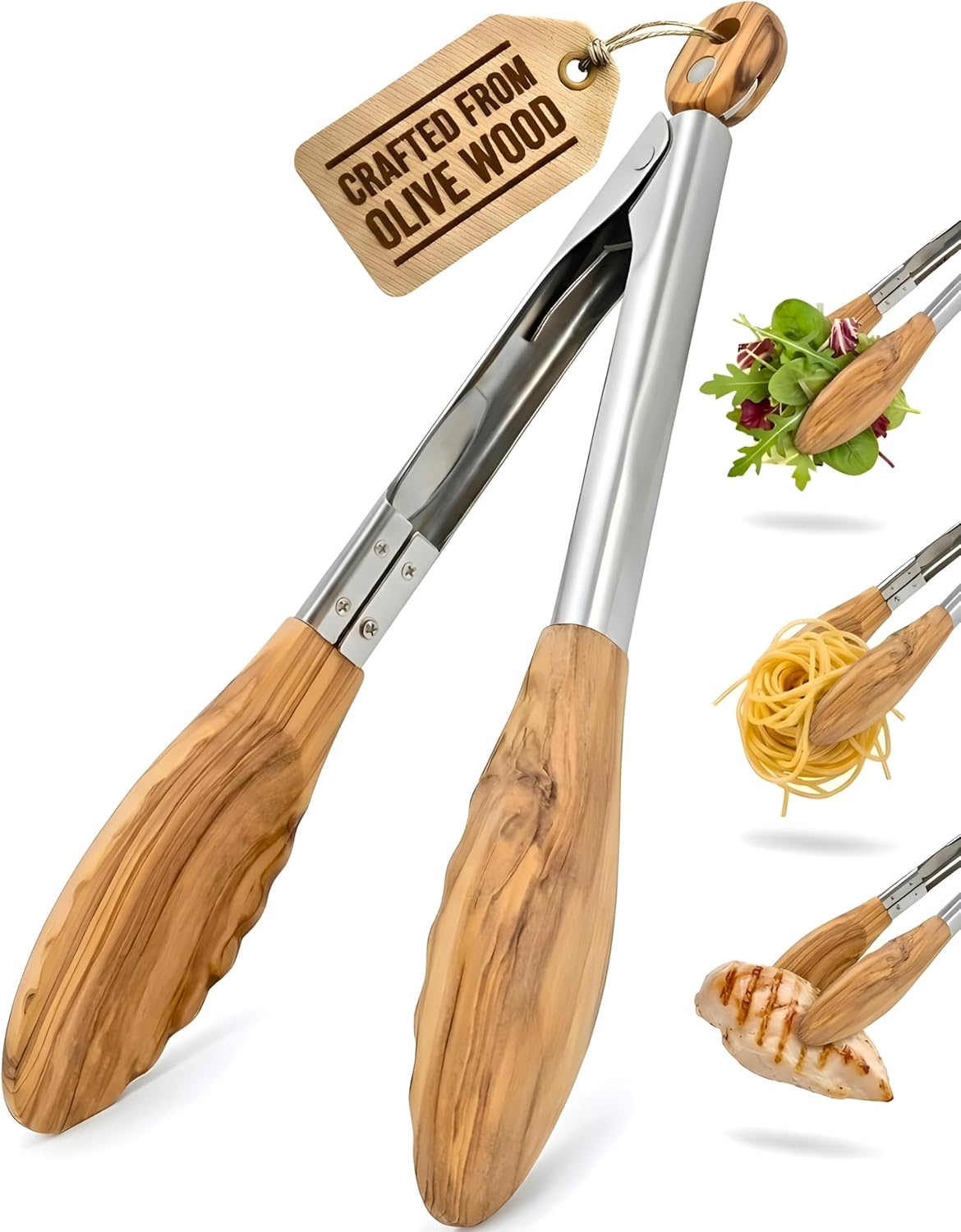 9 Inch Tongs for Cooking with Wooden Tips - Nonstick Kitchen Tongs for Serving Food, Cooking, BBQ and Tossing Salad - Made of Walnut Wood