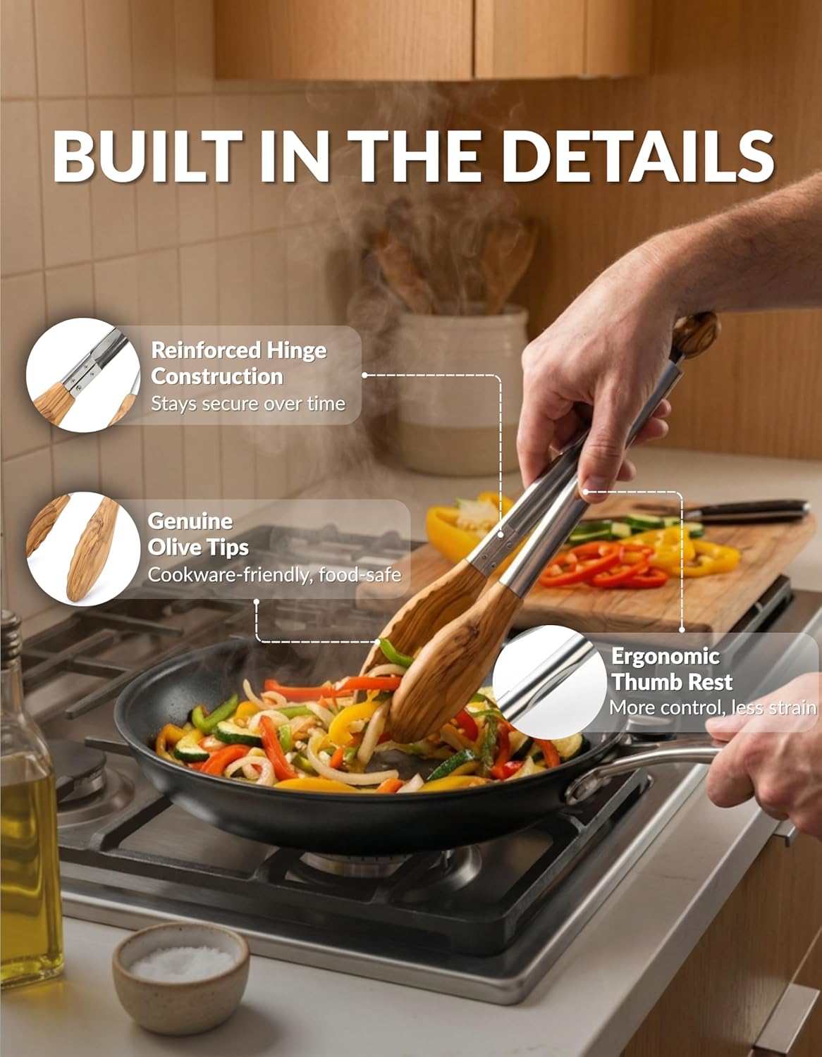 9 Inch Tongs for Cooking with Wooden Tips - Nonstick Kitchen Tongs for Serving Food, Cooking, BBQ and Tossing Salad - Made of Walnut Wood