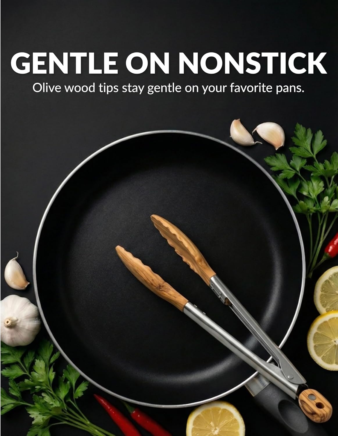 9 Inch Tongs for Cooking with Wooden Tips - Nonstick Kitchen Tongs for Serving Food, Cooking, BBQ and Tossing Salad - Made of Walnut Wood