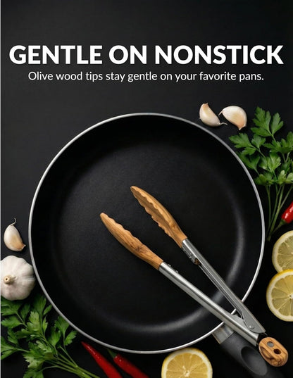 9 Inch Tongs for Cooking with Wooden Tips - Nonstick Kitchen Tongs for Serving Food, Cooking, BBQ and Tossing Salad - Made of Walnut Wood